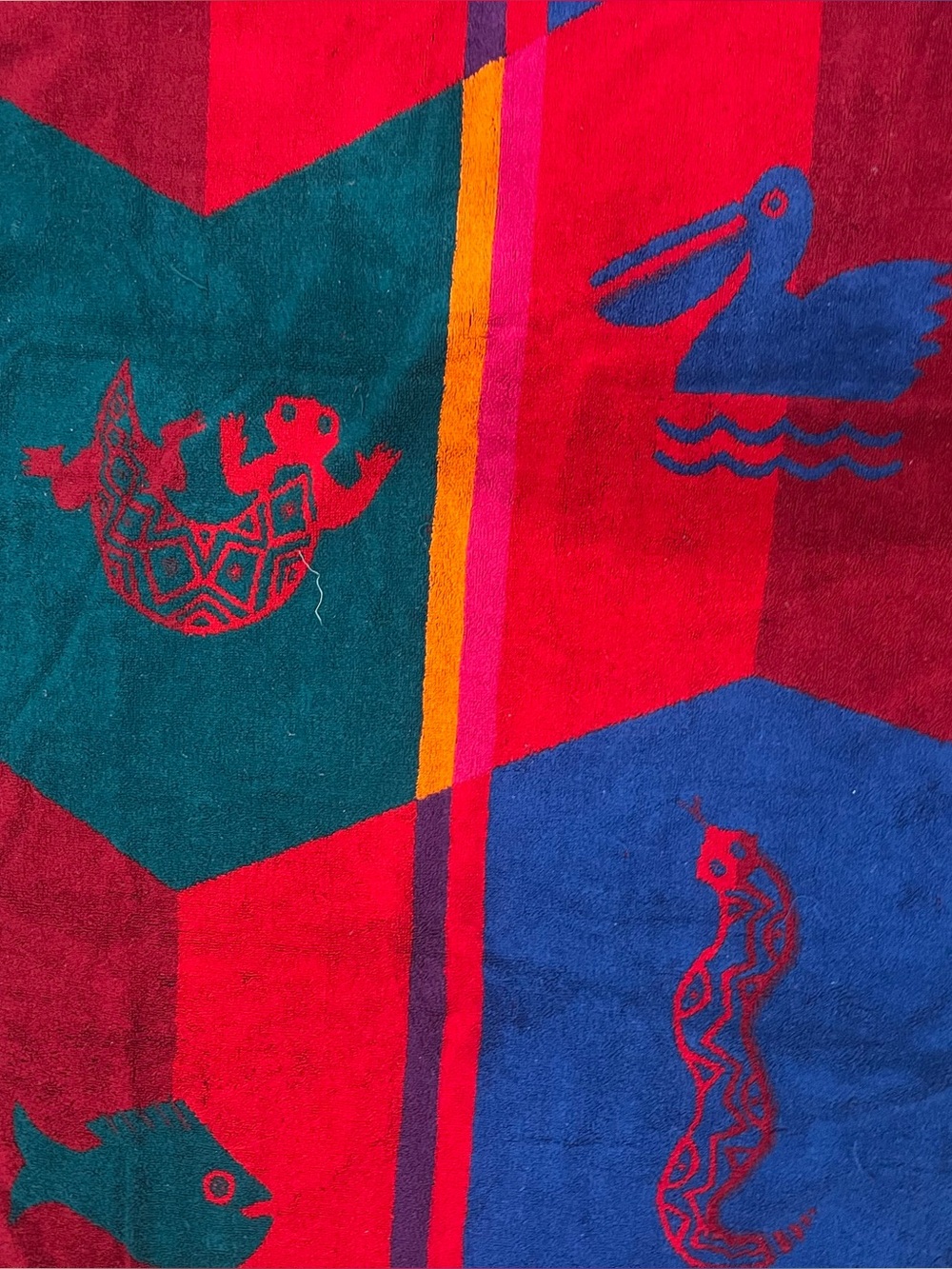 VTG Royal Terry Red Beach Towel Gecko Turtle Aztec Cotton 58x16" VGC